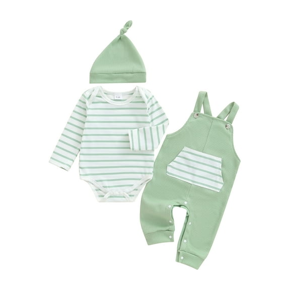 Spewahor Infant Baby Boy Fall Clothing Sets 0 3 6 9 12 18 Months Fashionable Long Sleeve Striped Romper with Overalls and Hat 3Pcs Fall Outfits