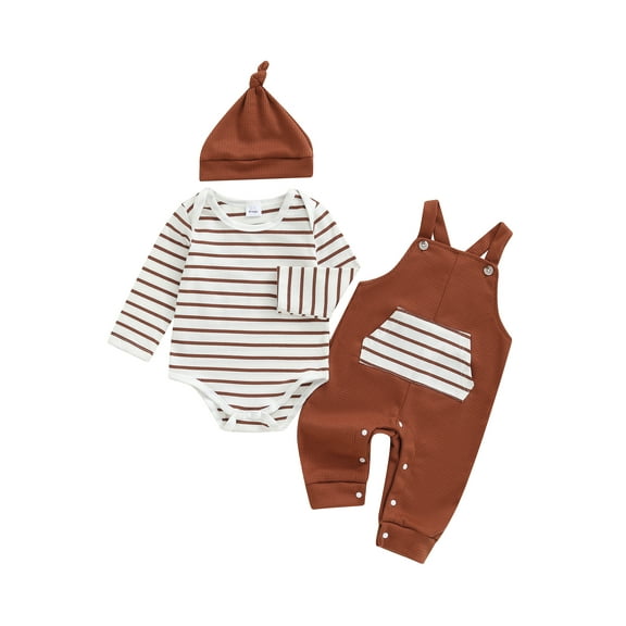 Spewahor Infant Baby Boy Fall Clothing Sets 0 3 6 9 12 18 Months Fashionable Long Sleeve Striped Romper with Overalls and Hat 3Pcs Fall Outfits