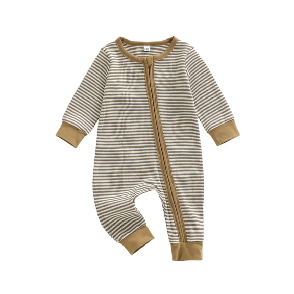 Spewahor Infant Baby Boy Zip Up Fall Romper 0 3 6 9 12 Months Stripe Pattern Long Sleeve Round Neck Full Length Jumpsuit