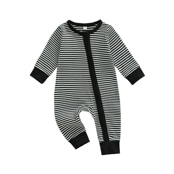 Spewahor Infant Baby Boy Zip Up Fall Romper 0 3 6 9 12 Months Stripe Pattern Long Sleeve Round Neck Full Length Jumpsuit