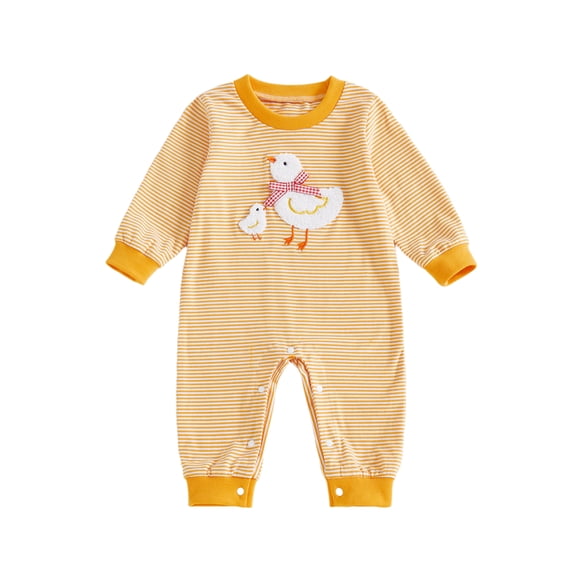 Spewahor Infant Baby Boys Girls Fall Romper 0 3 6 12 18 Months Stripe Duck Embroidery Long Sleeve Round Neck Full Length Jumpsuit