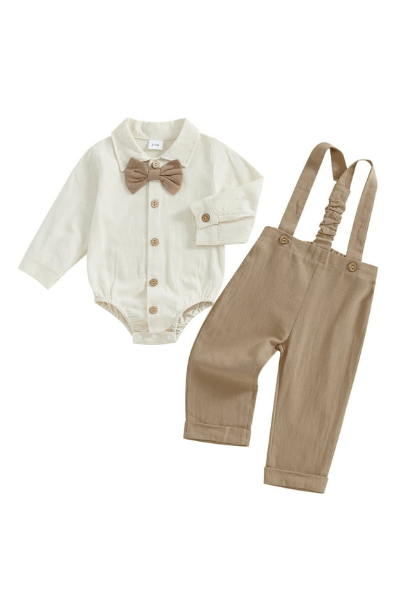 Infant Baby Boys Spring Fall Outfit 0 3 6 12 18 Months Long Sleeve Lapel Button Up Romper Solid Color Suspender Pants Clothing Sets