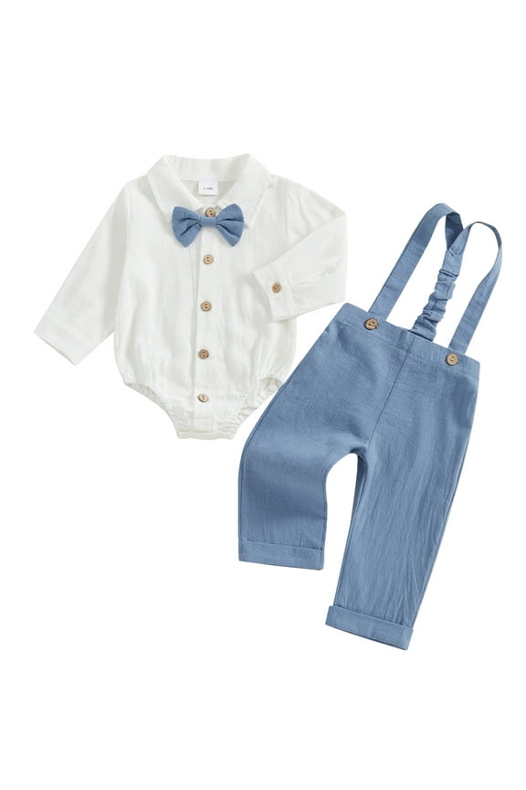 Infant Baby Boys Spring Fall Outfit 0 3 6 12 18 Months Long Sleeve Lapel Button Up Romper Solid Color Suspender Pants Clothing Sets