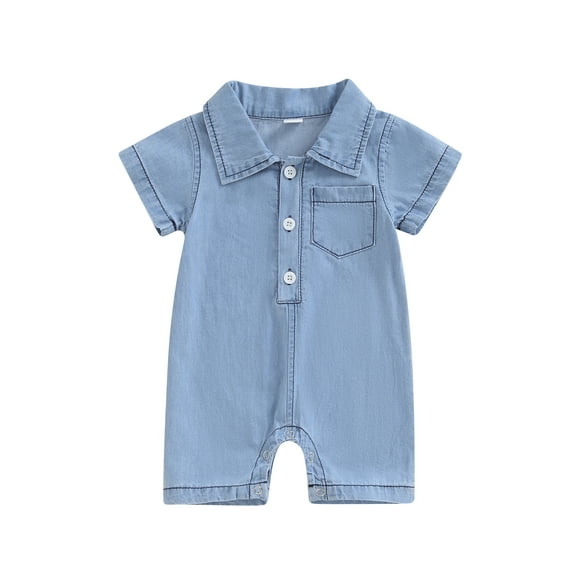 Spewahor Infant Baby Boys Summer Denim Romper 0 3 6 12 18 Months Short Sleeve Lapel Button Down Jumpsuit with One Pocket