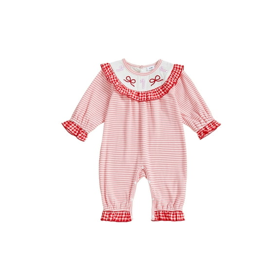 Spewahor Infant Baby Girl Christmas Fall Rompers 0 3 6 12 18 Months Puff Long Sleeve Crew Neck Striped Print Bow Embroidery Jumpsuit
