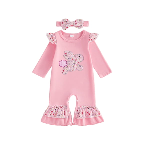 Spewahor Infant Baby Girl Easter Spring Jumpsuit 0 3 6 12 18 Months Long Sleeve Round Neck Floral Bunny Embroidery Rompers