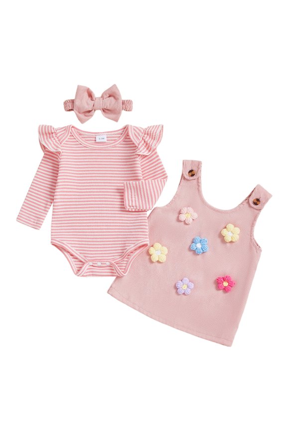Infant Baby Girl Fall Clothing Sets 0 3 6 12 18 24 Months Cute Long Sleeve Striped Romper with Flower Dress and Headband 3Pcs Fall Outfits