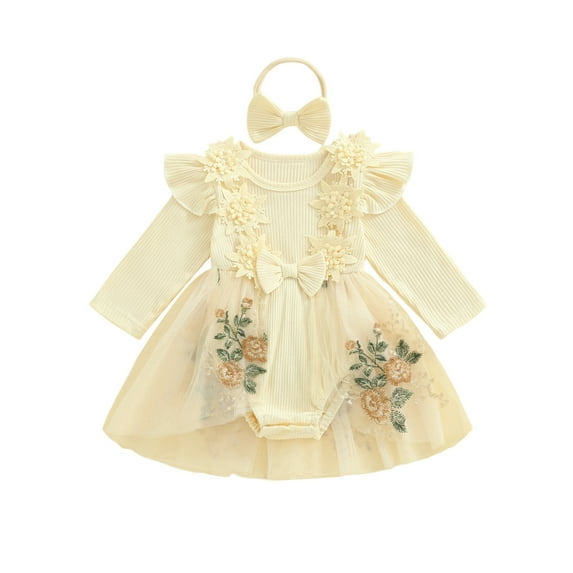 Spewahor Infant Baby Girl Fall Romper Dress 0 3 6 12 18 24 Months Crew Neck Long Sleeve Tutu Bodysuit with Bow Headband