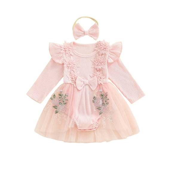 Spewahor Infant Baby Girl Fall Romper Dress 0 3 6 12 18 24 Months Crew Neck Long Sleeve Tutu Bodysuit with Bow Headband