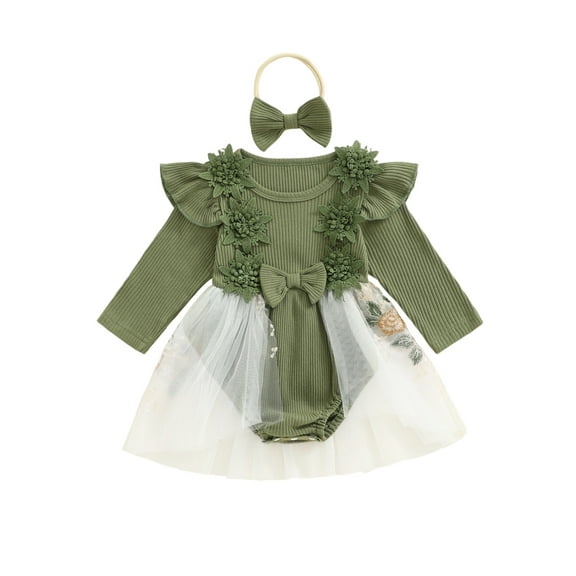 Spewahor Infant Baby Girl Fall Romper Dress 0 3 6 12 18 24 Months Crew Neck Long Sleeve Tutu Bodysuit with Bow Headband