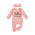 thumbnail image 1 of Spewahor Infant Baby Girl Fall Romper Letter Print Ribbed Long Sleeves Round Neck Full Length Jumpsuit with Headband, 1 of 9