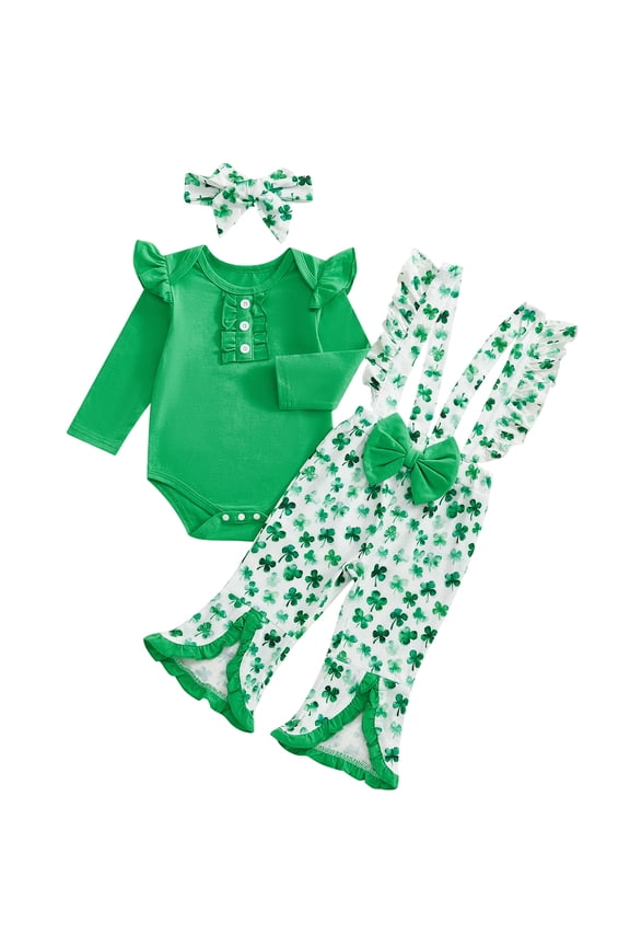 Infant Baby Girl Irish Spring Clothing Sets 0 3 6 12 18 Months Fashionable Long Sleeve Romper with Shamrock Print Overalls and Headband 3Pcs Outfits