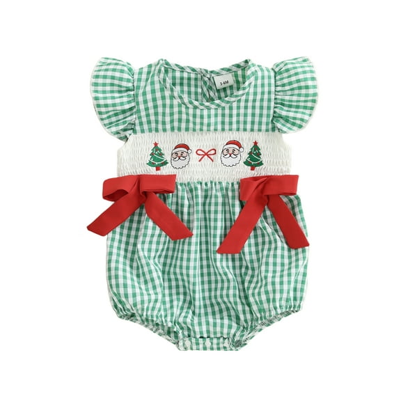 Spewahor Infant Baby Girls Christmas Plaid Romper 0 3 6 12 18 Months Tree Santa Embroidery Flying Sleeve Round Neck Jumpsuit