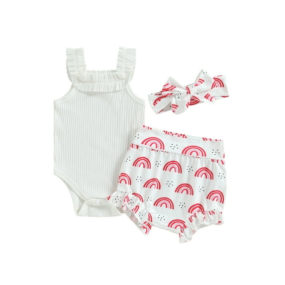 Spewahor Infant Baby Girls Clothes Suits Solid Color Ribbed Sleeveless Frills Sling Romper Rainbow Print Shorts Headband 3Pcs Set 0-18M