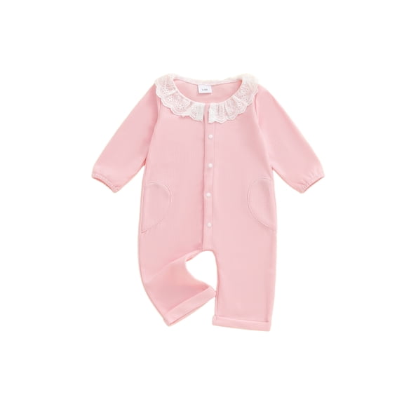 Spewahor Infant Baby Girls Fall Romper 0 3 6 9 12 18 Months Lace Ruffled Round Neck Long Sleeve Button Down Full Length Waffled Jumpsuit