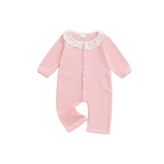 Spewahor Infant Baby Girls Fall Romper 0 3 6 9 12 18 Months Lace Ruffled Round Neck Long Sleeve Button Down Full Length Waffled Jumpsuit