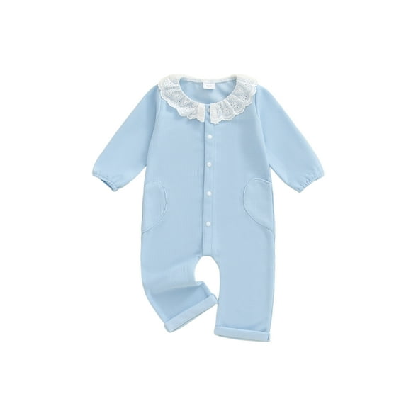 Spewahor Infant Baby Girls Fall Romper 0 3 6 9 12 18 Months Lace Ruffled Round Neck Long Sleeve Button Down Full Length Waffled Jumpsuit