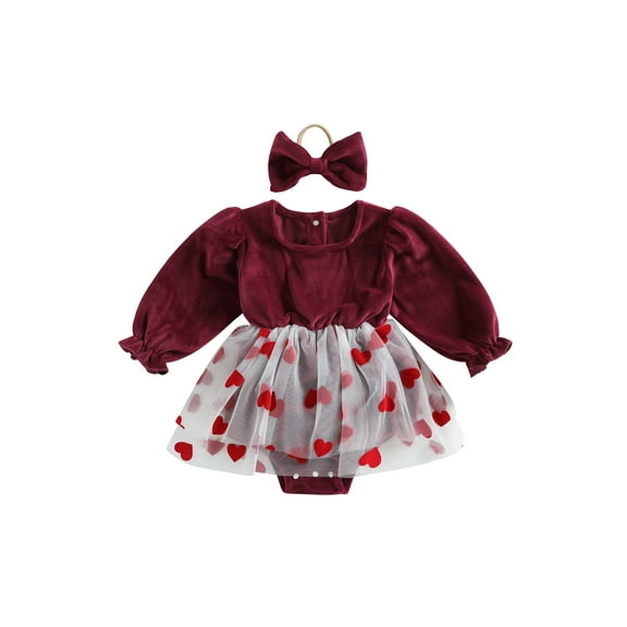 Spewahor Infant Baby Girls Valentine's Day Spring Outfits 0 3 6 12 18 Months Heart Print Tulle Skirt Romper with Headband Set