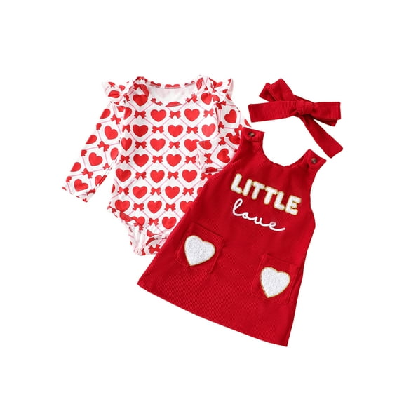 Spewahor Infant Baby Girls Valentines Day Clothing Set 0 3 6 12 18 Months Long Sleeve Heart Print Romper with Embroidery Overall Dress Headband Fall Outfit