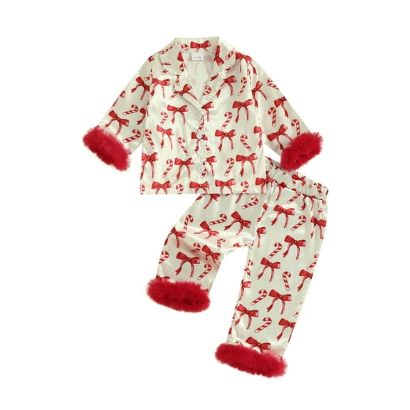 Spewahor Kids Baby Girls Christmas Pajamas Sets 1T 2T 3T 4T 5T 6T 7T Candy Cane and Bow Pattern Feather Edge Lapel Long Sleeve Tops Elastic Waist Pants