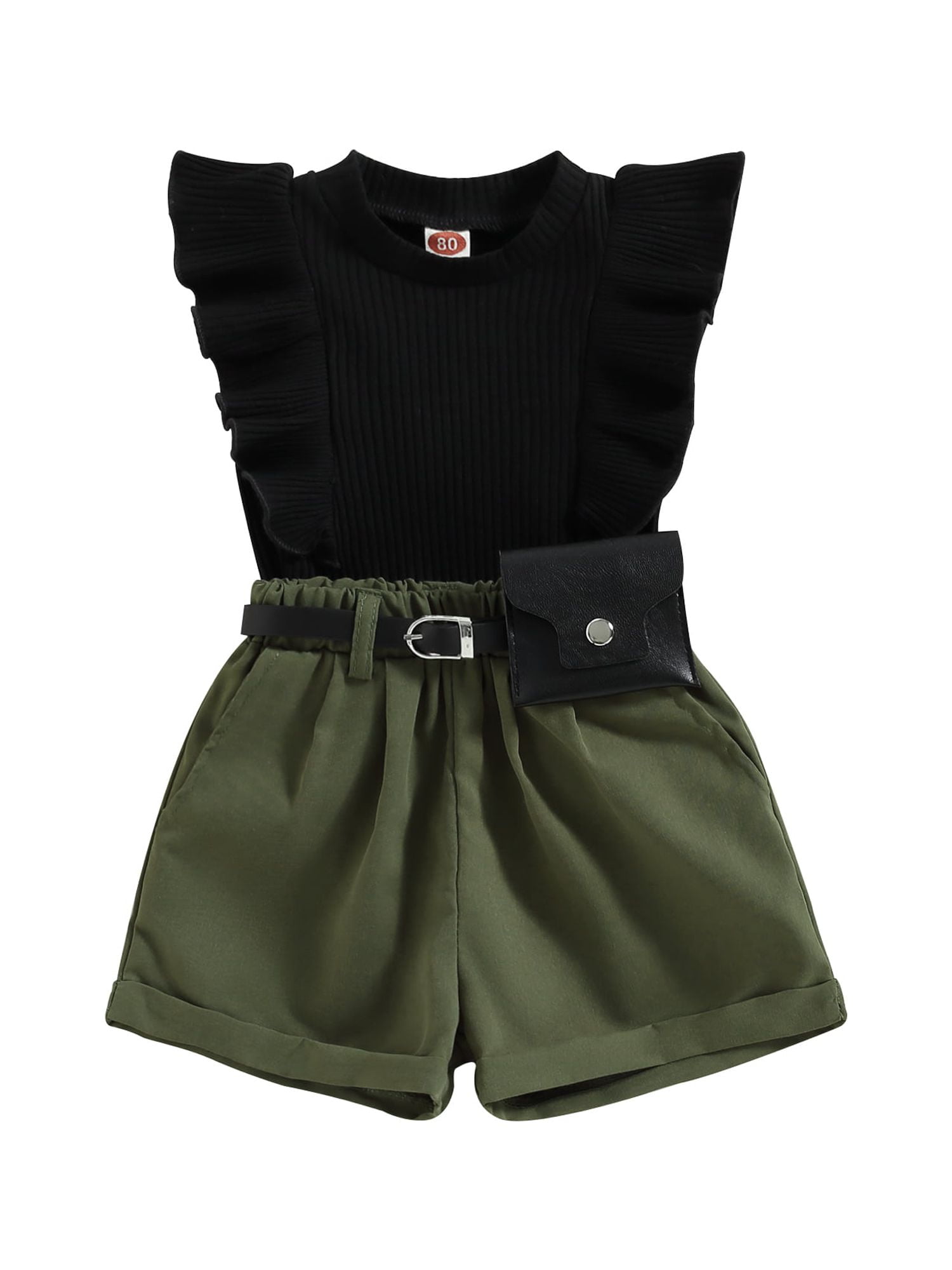 Toddler Baby Girls Summer Outfits Solid Ribbed Lapel V-Neck - View #9