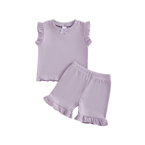 Spewahor Kids Baby Girls Summer Outfits 1T 2T 3T 4T 5T Solid Color Bow Decor Flutter Sleeve Round Neck Tank Tops and Ruffled Shorts Set