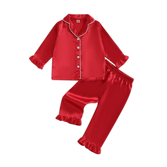 Spewahor Kids Girl Satin Pajama Set Ruffle Trim Long Sleeve Button-up Tops and Elastic Waist Pants 2 Piece Sleepwear Outfit