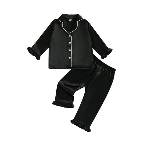 Spewahor Kids Girl Satin Pajama Set Ruffle Trim Long Sleeve Button-up Tops and Elastic Waist Pants 2 Piece Sleepwear Outfit