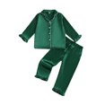 thumbnail image 1 of Spewahor Kids Girl Satin Pajama Set Ruffle Trim Long Sleeve Button-up Tops and Elastic Waist Pants 2 Piece Sleepwear Outfit, 1 of 9