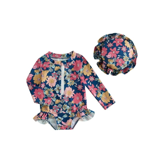 Spewahor Crewneck Long Sleeve Floral Zip Up One Piece Swimsuit 6 Months - 3 Years