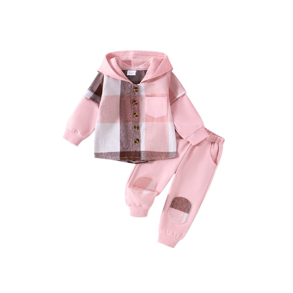 Spewahor Toddler Baby Boy Girl Spring Fall Clothing Set 6 12 18 24 Months 2T 3T 4T Contrast Color Plaid Long Sleeve Button-up Hoodie Trousers Outfits