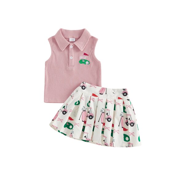 Spewahor Toddler Baby Girl Summer Golf Outfit 6 12 18 24 Months 2T 3T 4T Ribbed Sleeveless Collared Tops and A-line Pleated Skirts Clothes Set