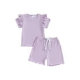 thumbnail image 1 of Spewahor Toddler Baby Girls 2 Piece Outfit Solid Color Ribbed Ruffle Short Sleeve T-Shirt and Elastic Shorts Set Summer Clothes 6M-4T, 1 of 9