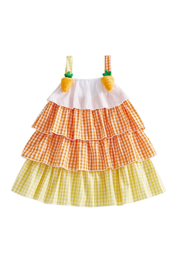 Toddler Baby Girls Easter Summer Dress 6 12 18 24 Months 2T 3T 4T Carrot Decor Plaid Sleeveless Ruffles Cami Dress Kids Fashion Princess Dress