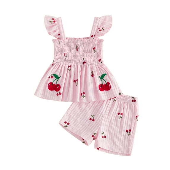 Spewahor Toddler Baby Girls Summer Outfits 3 6 12 18 24 Months 2T 3T 4T Fashionable Cherry Print Flying Sleeve Square Neck Tops and Shorts Set