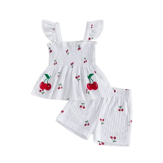 Spewahor Toddler Baby Girls Summer Outfits 3 6 12 18 24 Months 2T 3T 4T Fashionable Cherry Print Flying Sleeve Square Neck Tops and Shorts Set