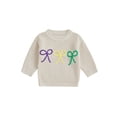 thumbnail image 1 of Spewahor Toddler Girl MardiGras Sweater Bow Embroidered Crew Neck Long Sleeve Pullover Chunky Knit Tops, 1 of 9