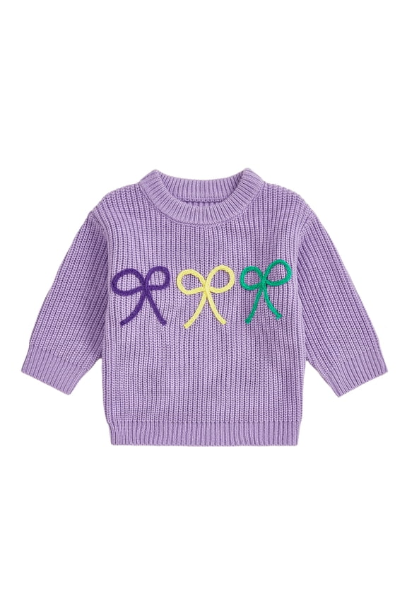 Toddler Girl MardiGras Sweater Bow Embroidered Crew Neck Long Sleeve Pullover Chunky Knit Tops