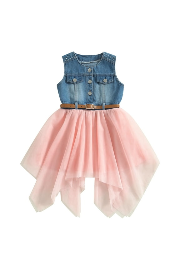 Toddler Girls Summer Patchwork Dress Sleeveless O Neck Button Mesh Denim Dress with Belt 2-7T,Child