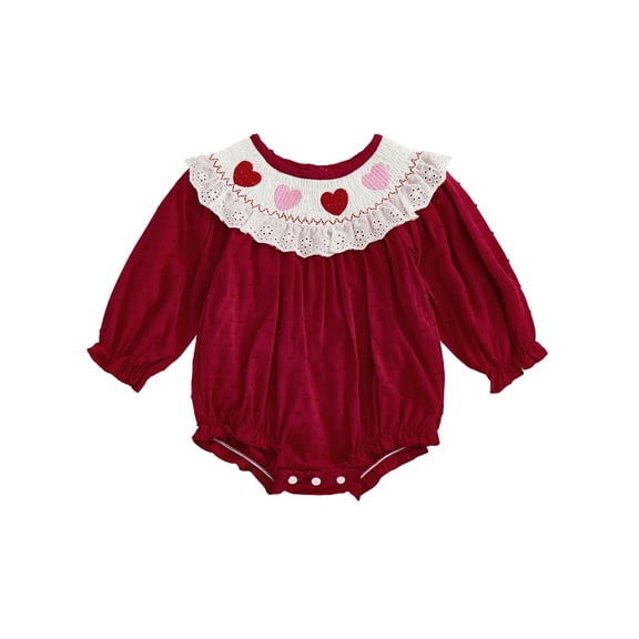 Spewahor Valentine's Day Baby Girls Rompers Comfortable Long Sleeve Round Neck Ruffled Heart Embroidery Jumpsuit