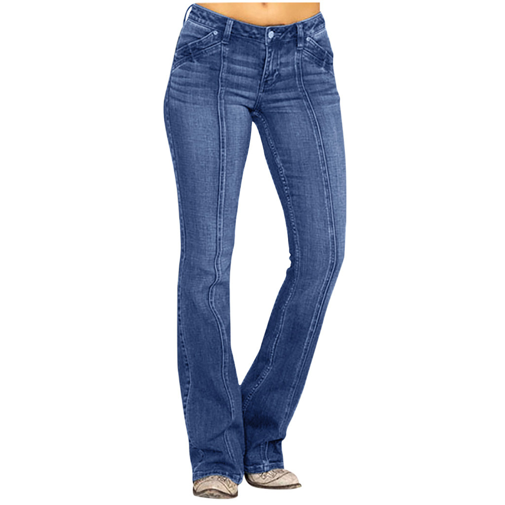 Spftem Women Mid Waisted Denim Jeans Embroidery Stretch Button Flare Pants Jeans - image 1 of 7