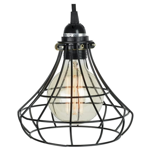 Sphere Cage Industrial Style Pendant Lamp by ArtifactDesign Includes 15 Feet Plug-in Fabric Cord with Toggle and Vintage Edison Light Bulb in Black