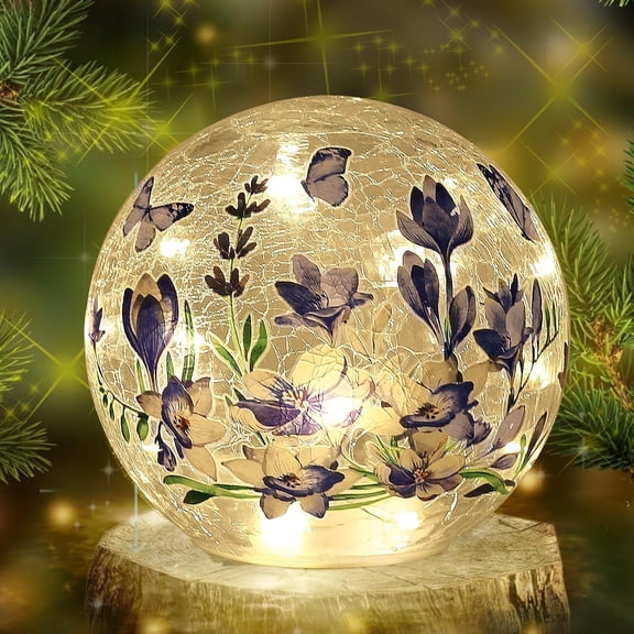 Sphere Glass Crystal Lamp with Timer 6 Inches, 6 Hours Auto On / 18 Hours Off, LED Light with Blue Flowers and Green Grass Designs, Handcrafted Decorative Glass Light for Home Decor