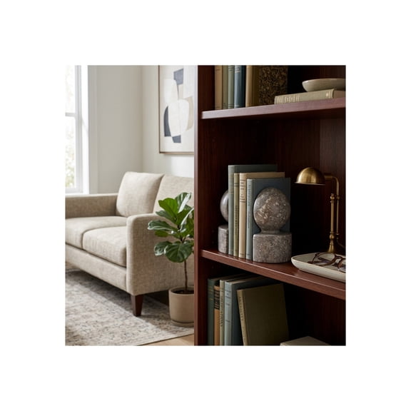 Sphere Marble Book Ends for Bookshelf Decor - Modern Decorative Bookends for Shelves and Home Library Display - Book Accessories for Desktop and Office Table Styling - Set of 2, 6", Green & Gray