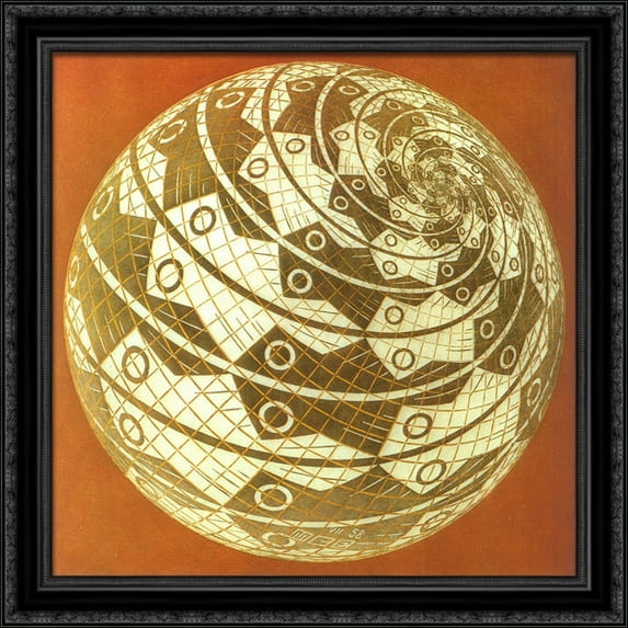 Sphere Surface with Fishes Colour 28x28 Large Black Ornate Wood Framed Canvas Art by M.C. Escher