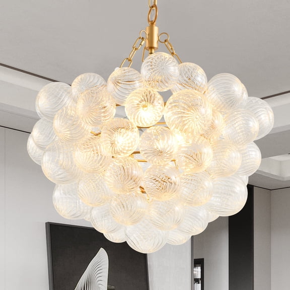 Spherical Bubble Glass Chandelier - 3-Light Gold Pendant Light with Ripple Glass Shades for Living Room, Bedroom & Dining Room (G9 Base, Dimmable)