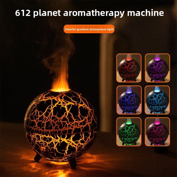 Spherical Essential Oil Diffuser with 7 Color Flame Light Effects, Portable Ultrasonic Mist Maker with Crackle Pattern Housing, USB Powered Desktop Humidifier for Home and Office