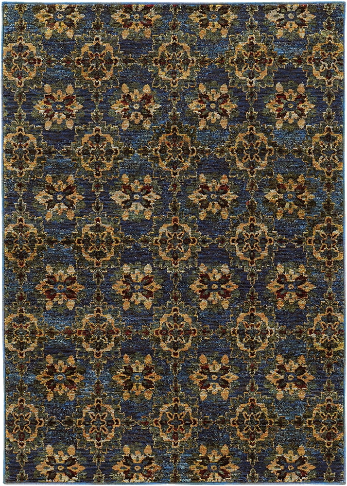 Blue and Gold Synthetic Rectangular Easy Care Area Rug