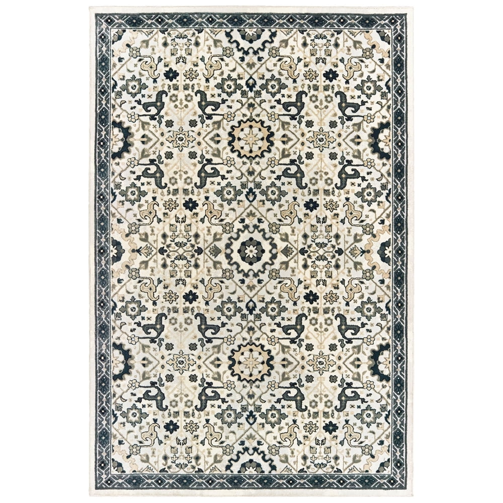 Bowen Ivory and Navy Synthetic Rectangular Area Rug