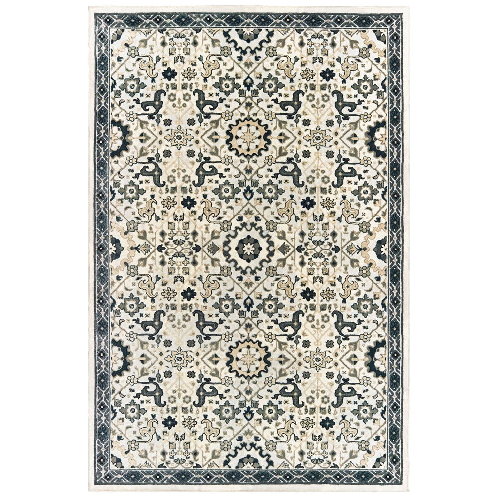 Bowen Ivory and Navy Synthetic Rectangular Area Rug
